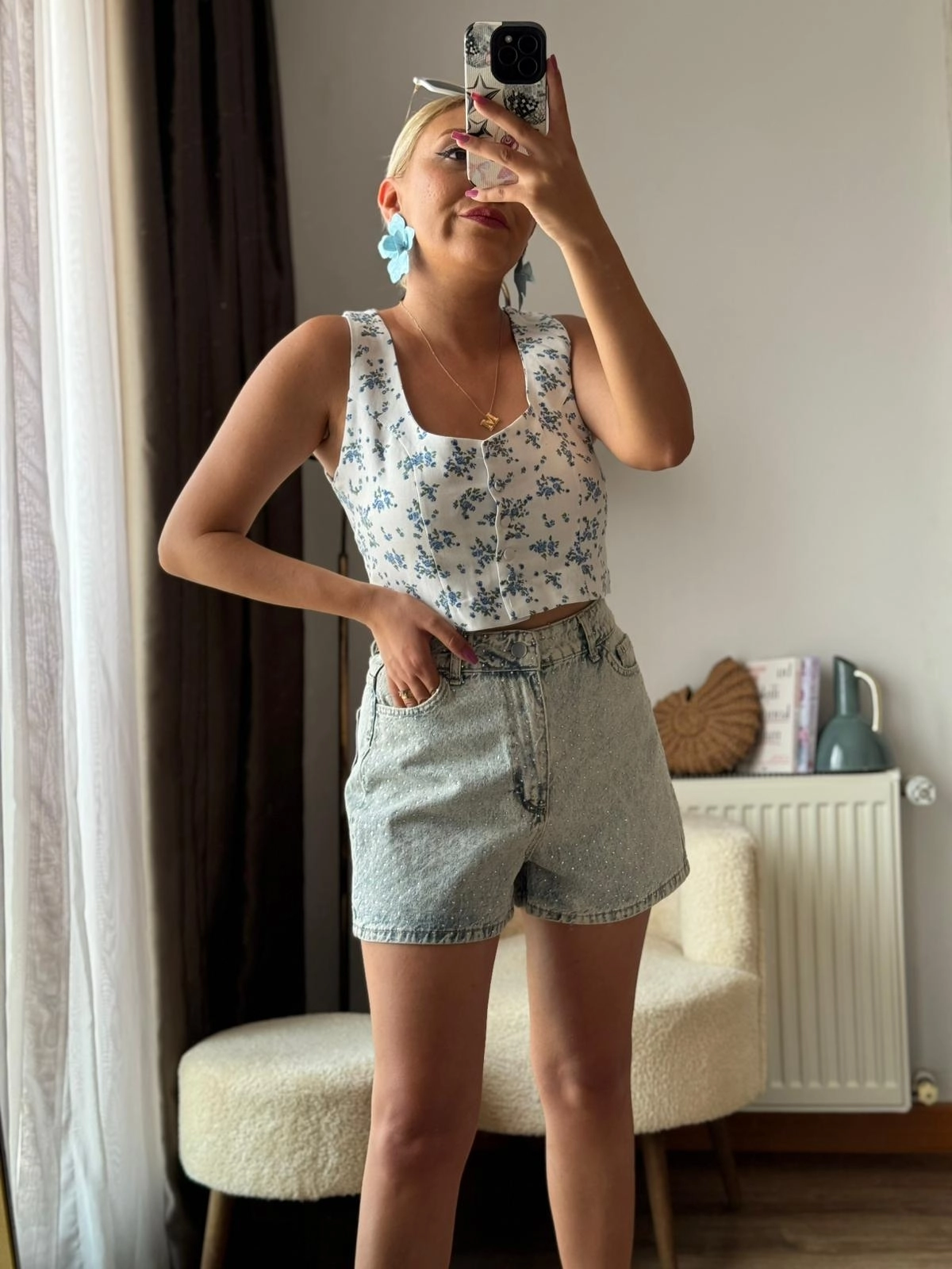Crop Kumaş Yelek Mavi