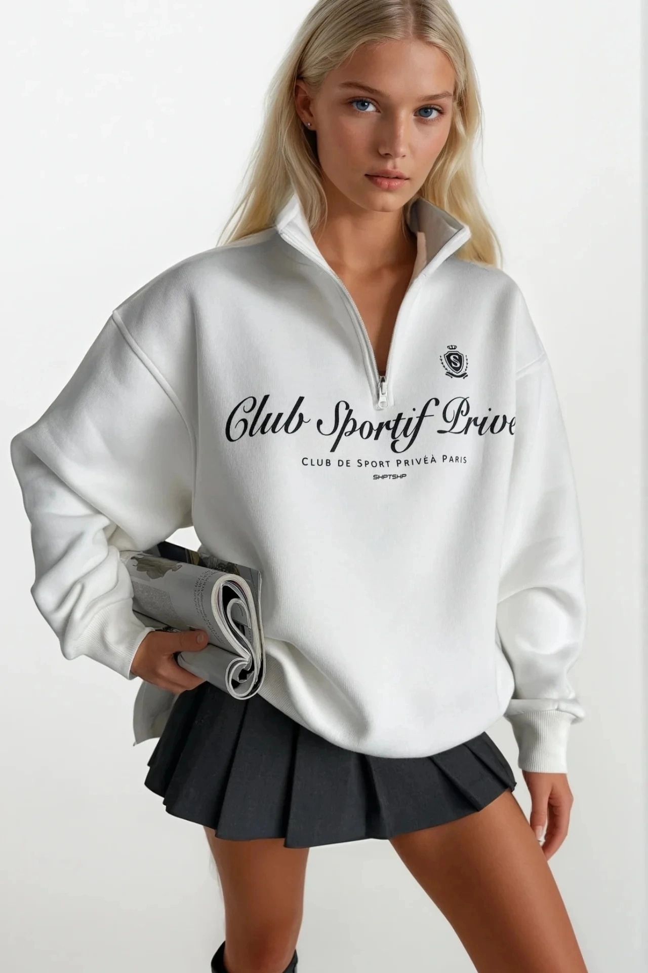 FERMUAR DETAYLI BASKILI SWEATSHIRT EKRU