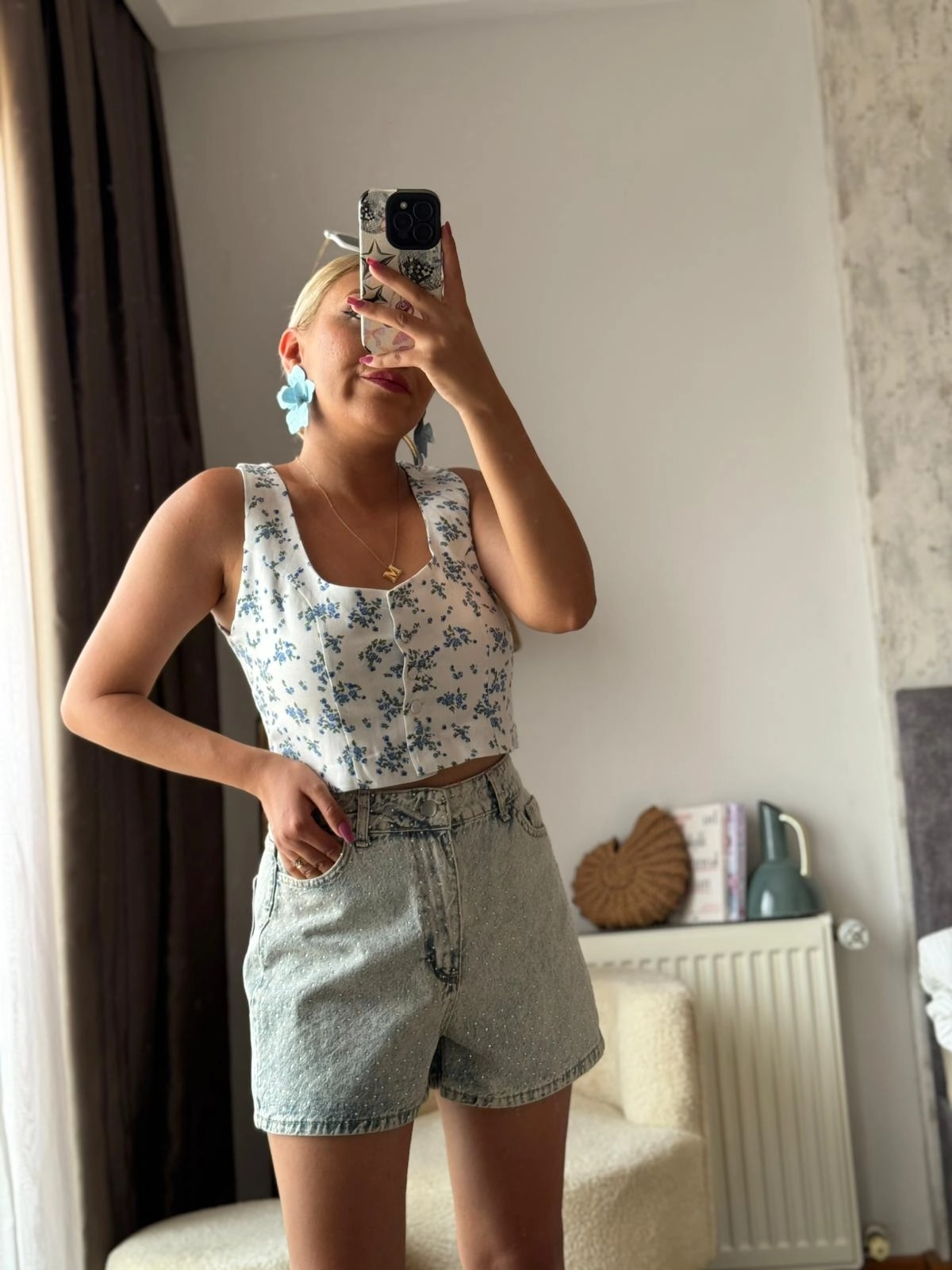 Crop Kumaş Yelek Mavi