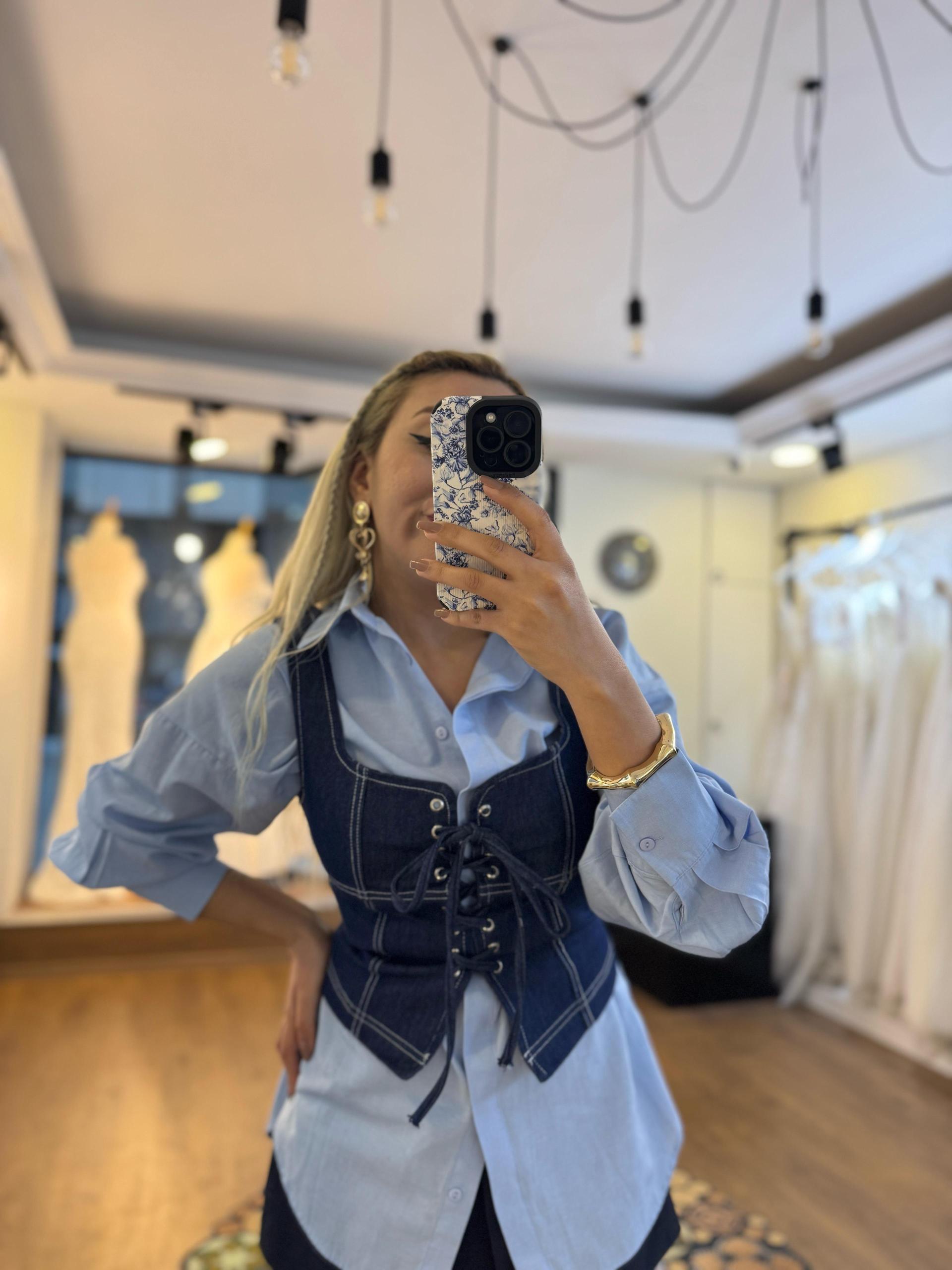 Kuşgözü Detaylı Büstiyer Mavi