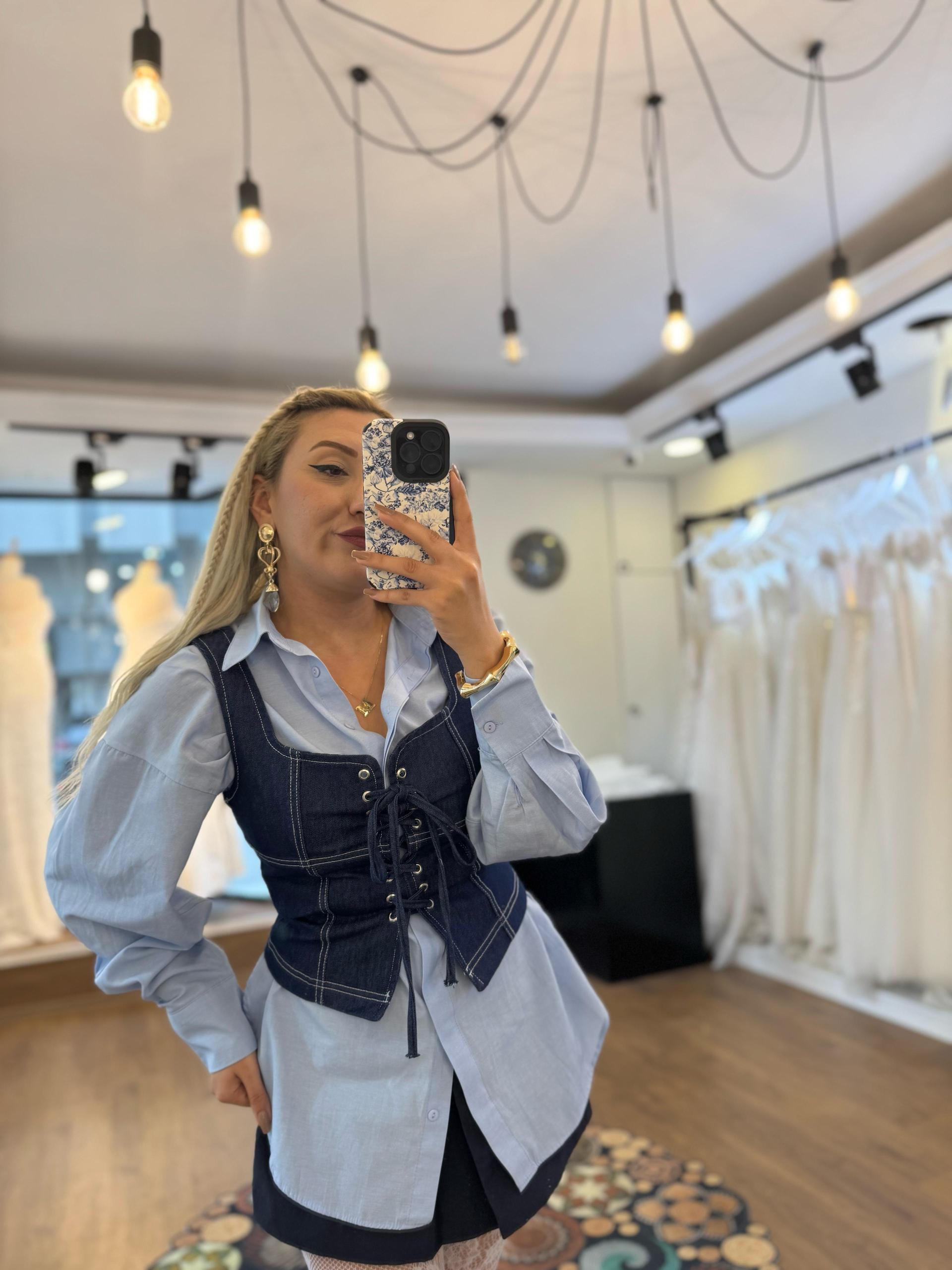 Kuşgözü Detaylı Büstiyer Mavi