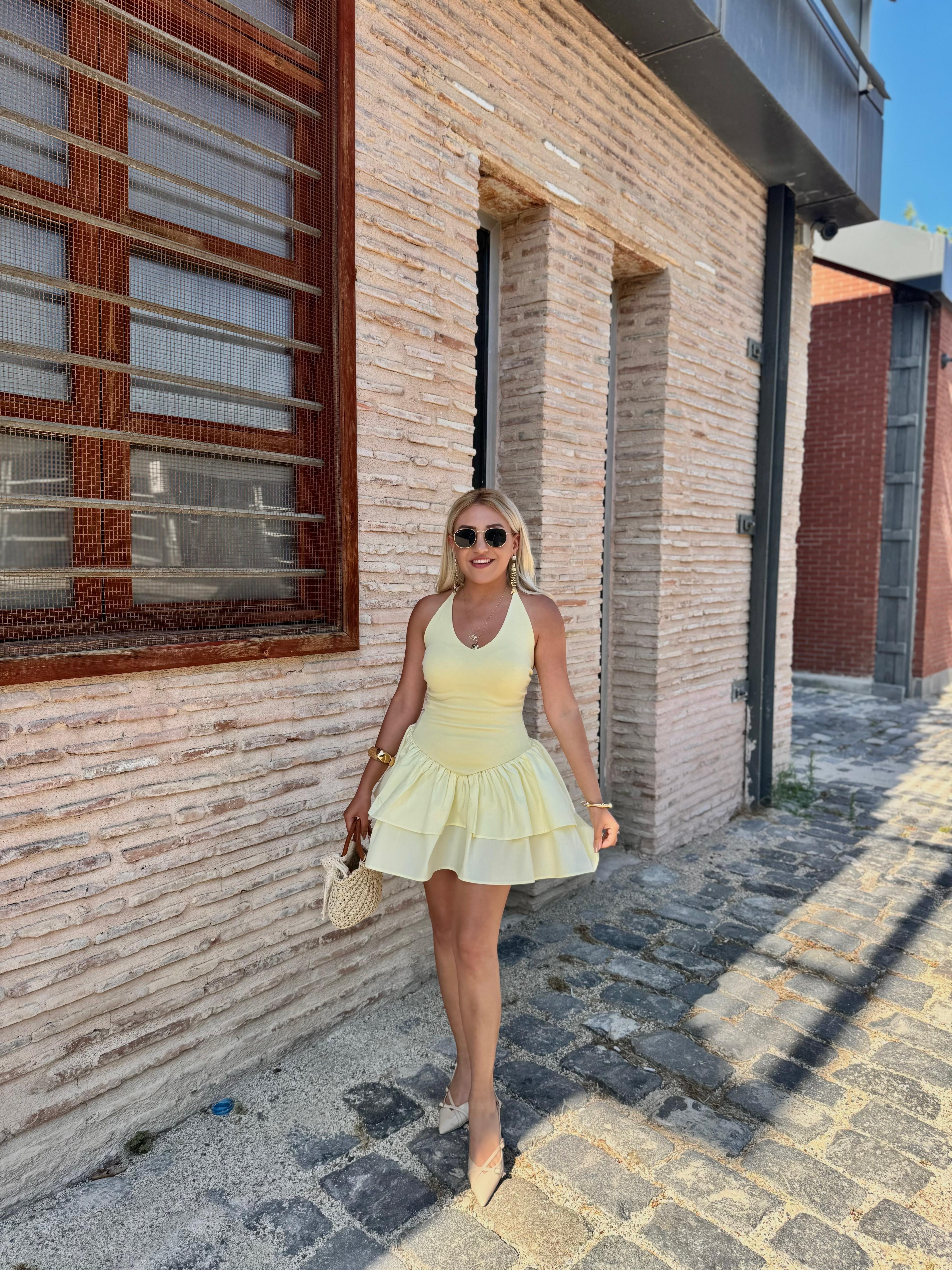 Magnolia Beli Lastikli Mini Elbise Sarı