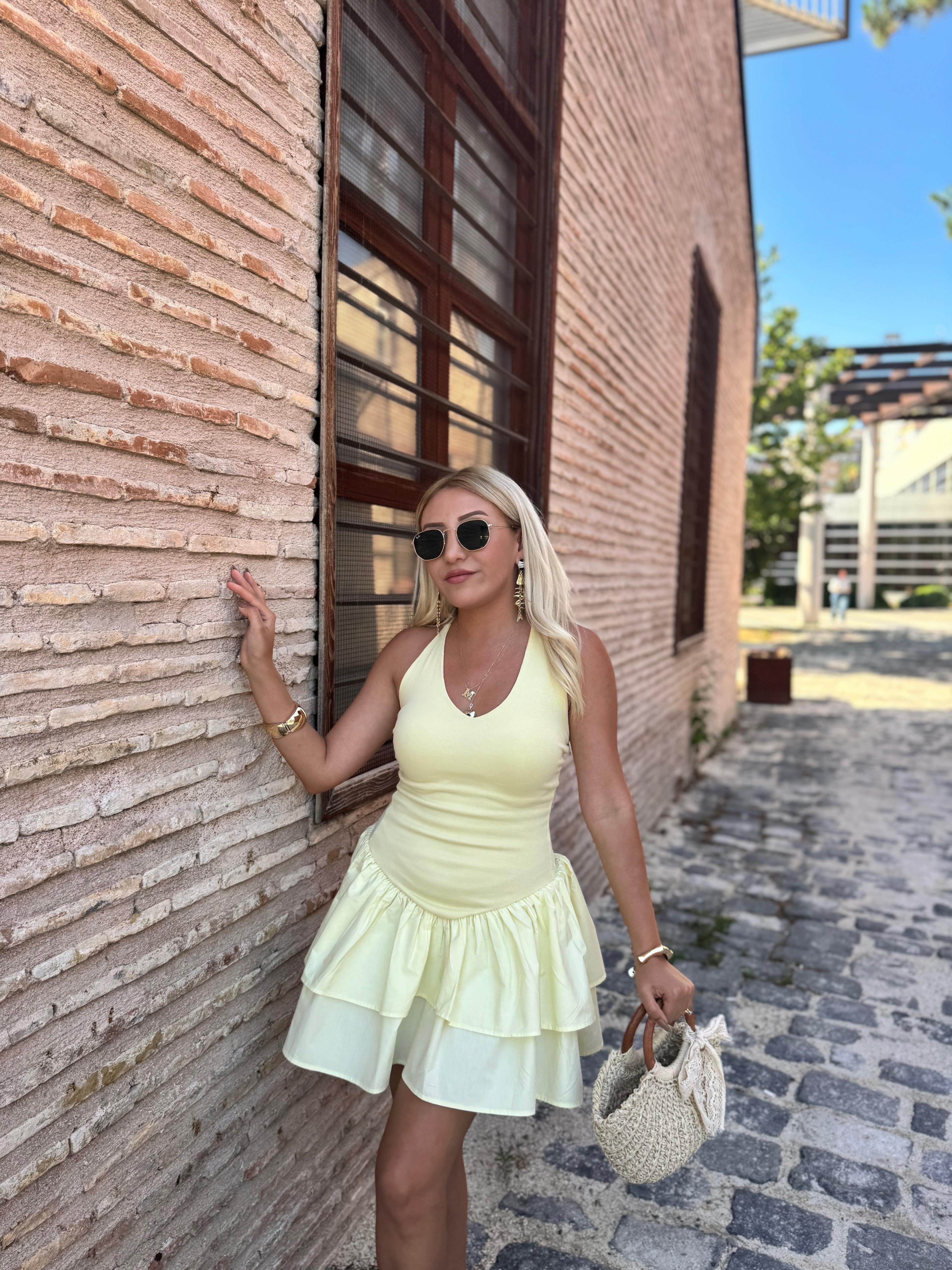 Magnolia Beli Lastikli Mini Elbise Sarı