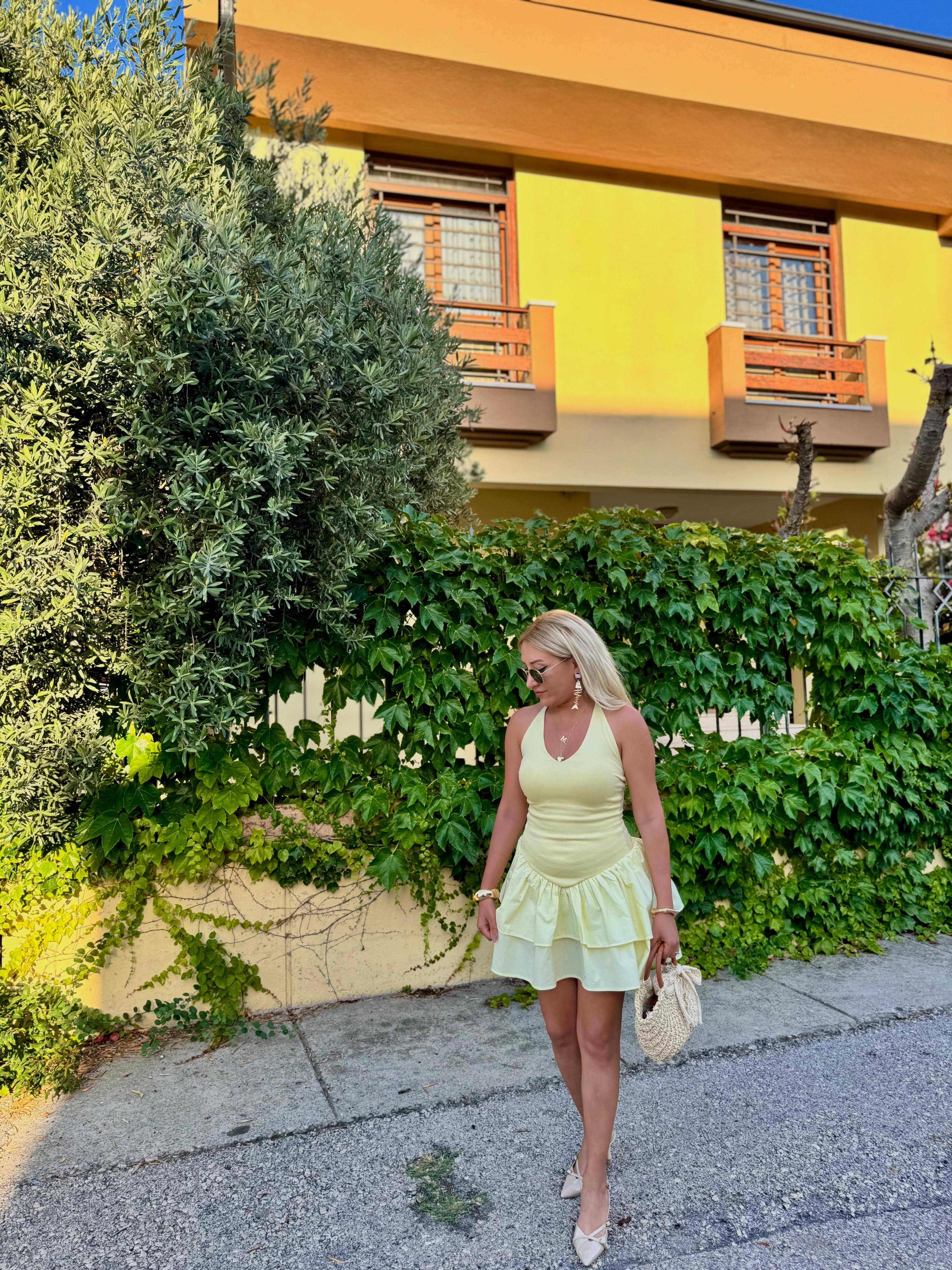 Magnolia Beli Lastikli Mini Elbise Sarı