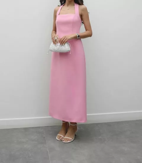 Boyundan Askılı Midi Kadın Elbise Pembe