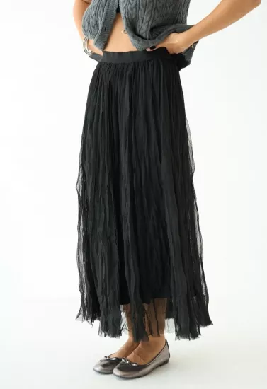 Beli Lastikli Astarlı Bilek Boy Tül Etek Siyah