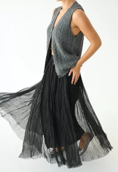 Beli Lastikli Astarlı Bilek Boy Tül Etek Siyah