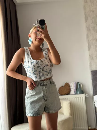 Crop Kumaş Yelek Mavi