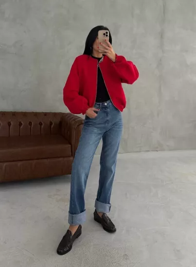 KAŞE BOMBER ASTARLI  CEKET KIRMIZI