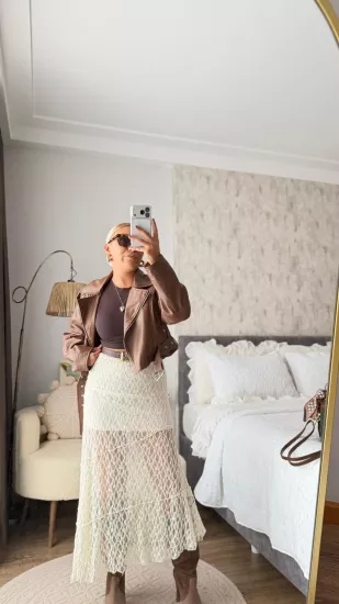 Dantel Desenli Beli Lastikli Katlamalı Etek Kemik