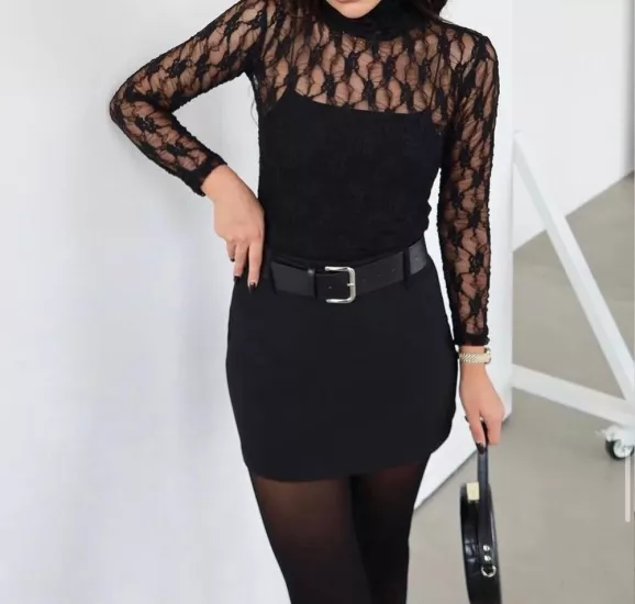 UZUN KOLLU DİK YAKA DANTELLİ KADIN BLUZ SİYAH