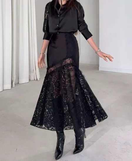 Dantel Detaylı Saten Yüksek Bel Kadın Etek Siyah