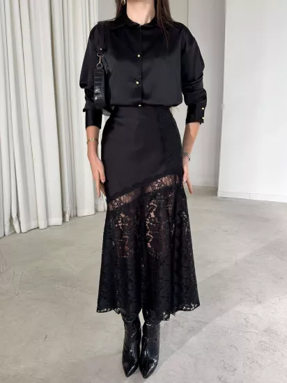 Dantel Detaylı Saten Yüksek Bel Kadın Etek Siyah