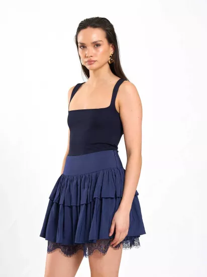 Dantel Detaylı Astarlı Kloş Kadın Mini Etek Lacivert