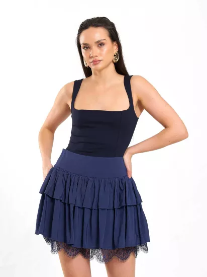 Dantel Detaylı Astarlı Kloş Kadın Mini Etek Lacivert