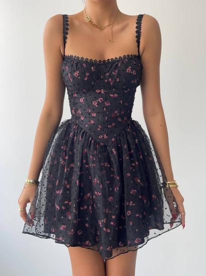 Gül Detaylı Siyah Askılı Mini Elbise