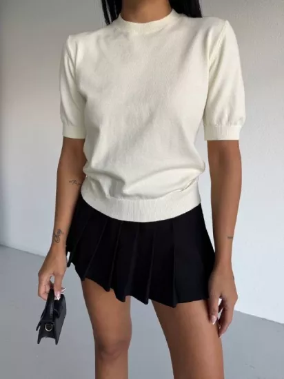 Bisiklet Yaka Kısa Kol Triko Kadın Bluz Beyaz