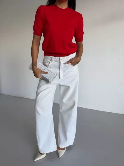 Bisiklet Yaka Kısa Kol Triko Kadın Bluz Kırmızı