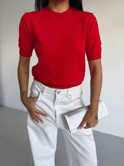 Bisiklet Yaka Kısa Kol Triko Kadın Bluz Kırmızı