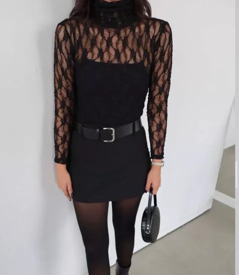 UZUN KOLLU DİK YAKA DANTELLİ KADIN BLUZ SİYAH