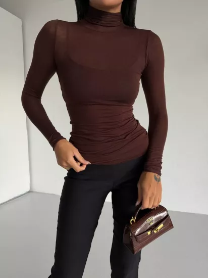 BALIKÇI YAKA TRANSPARAN KADIN BLUZ KAHVERENGİ