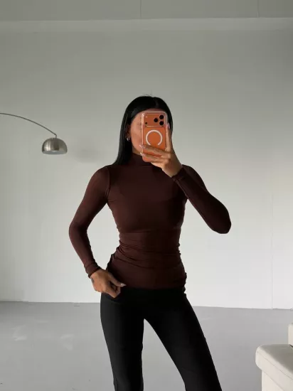 BALIKÇI YAKA TRANSPARAN KADIN BLUZ KAHVERENGİ