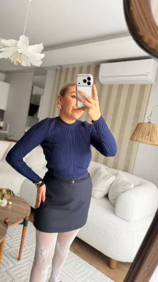 Baklava Desen Triko Crop Kazak Lacivert