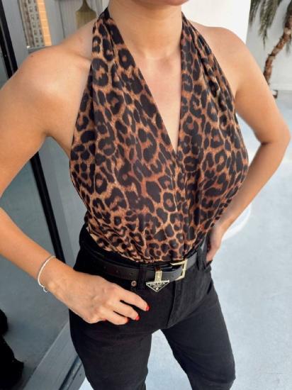 Sırt Dekolteli Leopar Desenli Bodysuit