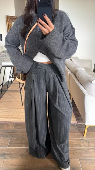 BEYAZ ÇİZGİLİ YÜKSEK BEL GENİŞ PAÇA KADIN PANTOLON ANTRASİT