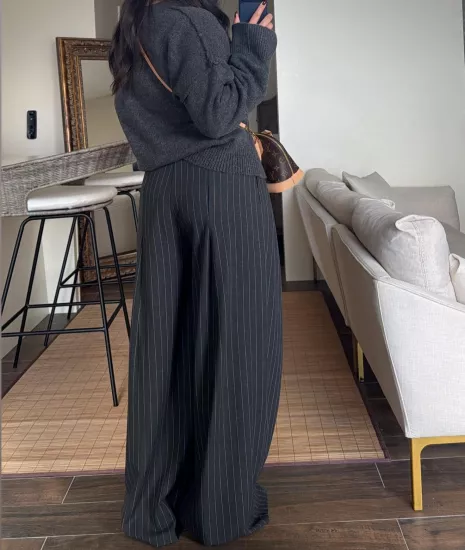 BEYAZ ÇİZGİLİ YÜKSEK BEL GENİŞ PAÇA KADIN PANTOLON ANTRASİT