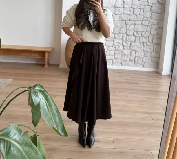 YÜKSEK BEL KUŞAKLI KUMAŞ ETEK KAHVERENGİ