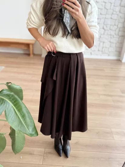 YÜKSEK BEL KUŞAKLI KUMAŞ ETEK KAHVERENGİ