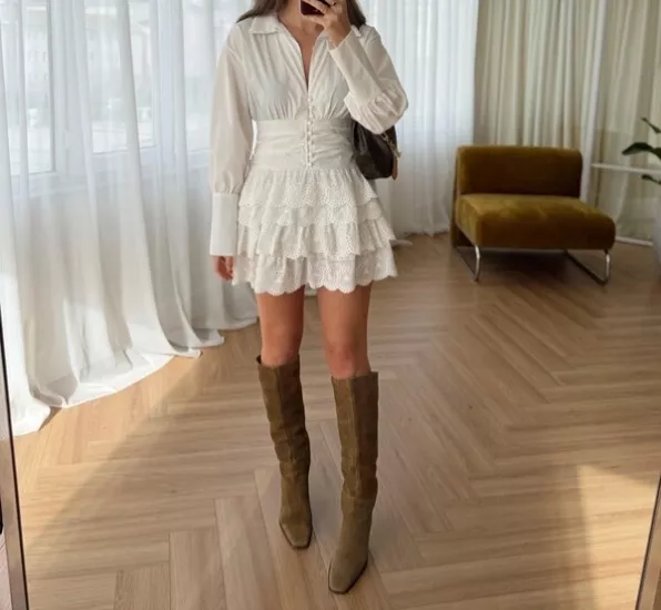 Güpür Etekli Kadın Mini Elbise Beyaz