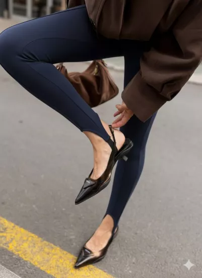 AYAKTAN LASTİKLİ YÜKSEK BEL NOSTALJİ KADIN TAYT LACİVERT