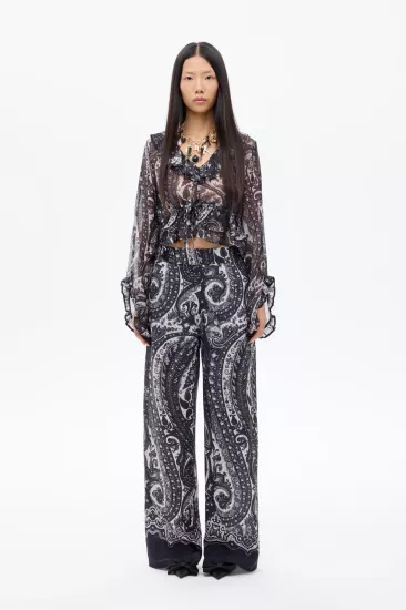 Etnik Desenli Yüksek Bel Bol Paça Pantolon Siyah