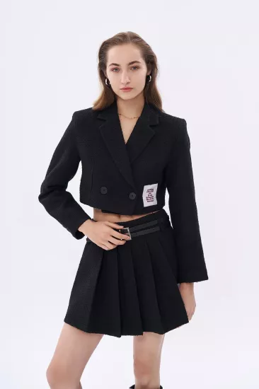 Quzu Etiket Aksesuarlı Tek Düğmeli Crop Blazer Ceket Siyah