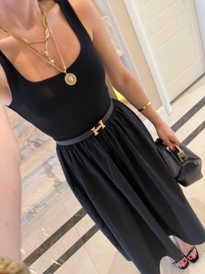 Kalın Askılı Kare Yaka beli Lastikli Midi Elbise Siyah