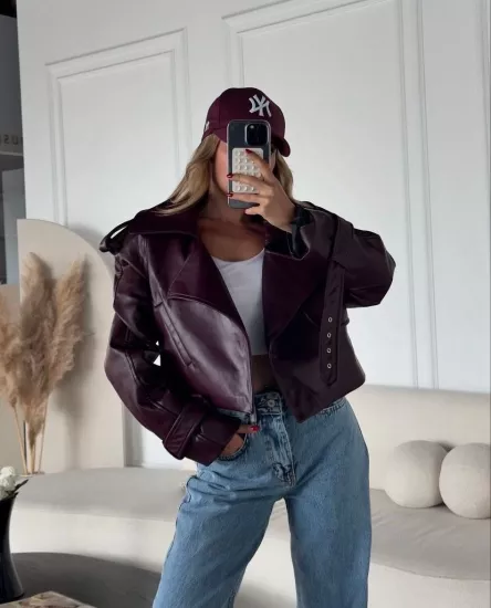 Kol Detaylı Vatkalı Deri Mont Bordo