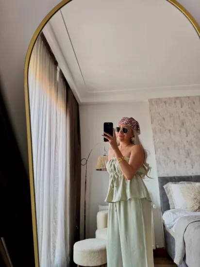 Salaş Straplez Bluz Beli Lastikli Pantolon Takım Haki