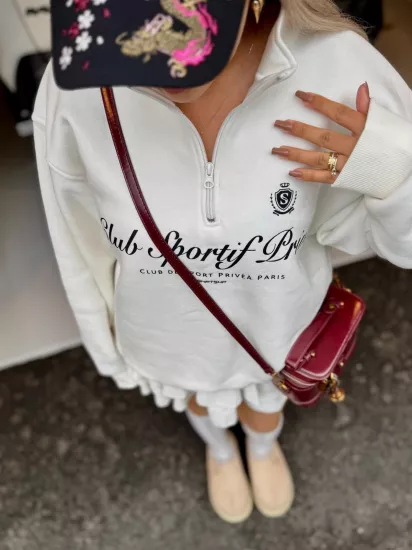 FERMUAR DETAYLI BASKILI SWEATSHIRT EKRU