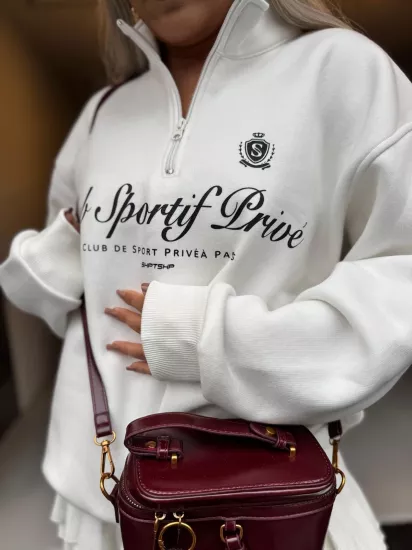 FERMUAR DETAYLI BASKILI SWEATSHIRT EKRU