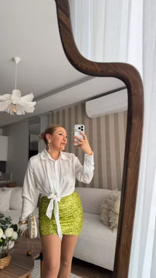 PUL PAYETLİ ASTARLI FERMUARLI MİNİ ETEK OLİVE