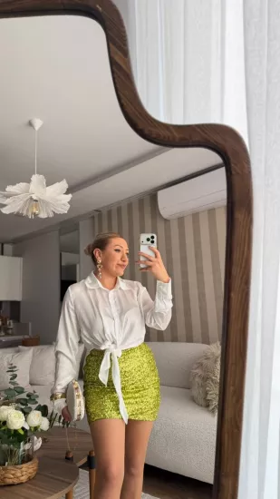 PUL PAYETLİ ASTARLI FERMUARLI MİNİ ETEK OLİVE