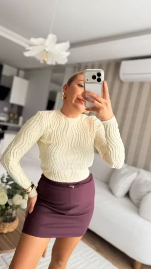 Baklava Desen Triko Crop Kazak Ekru