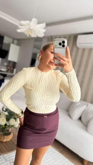 Baklava Desen Triko Crop Kazak Ekru