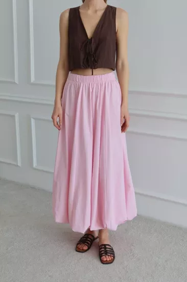 BELİ LASTİKLİ CEPSİZ MİDİ KADIN ASTARLI BALON ETEK PEMBE﻿