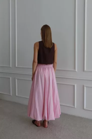 BELİ LASTİKLİ CEPSİZ MİDİ KADIN ASTARLI BALON ETEK PEMBE﻿