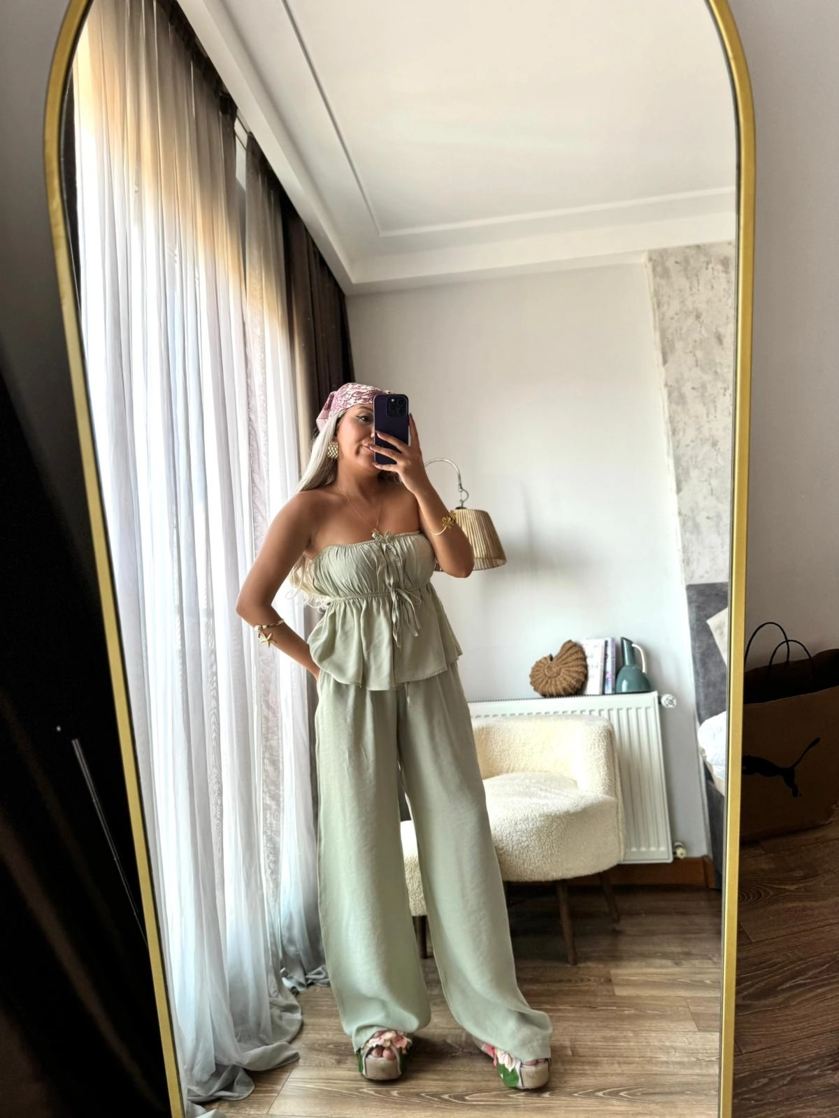 Salaş Straplez Bluz Beli Lastikli Pantolon Takım Haki