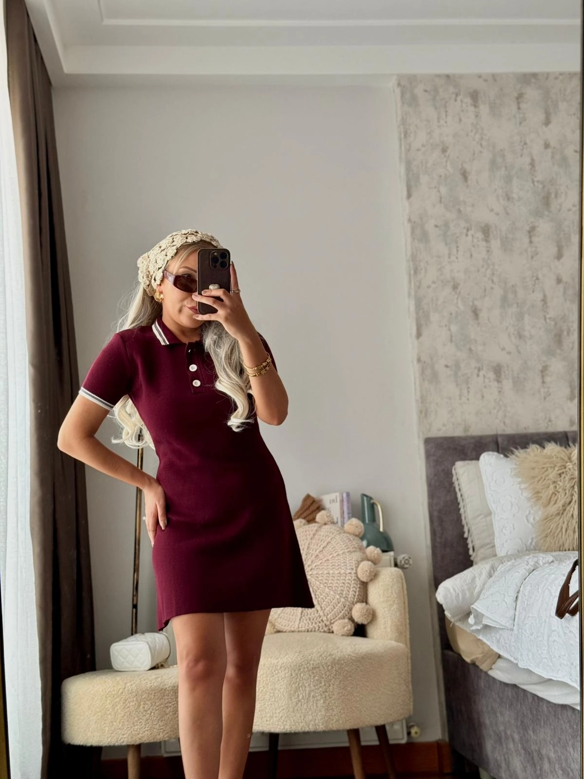 Yarım Düğmeli Kısa Kollu Mini Polo Yaka Triko Elbise BORDO