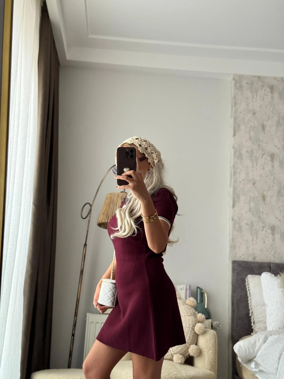 Yarım Düğmeli Kısa Kollu Mini Polo Yaka Triko Elbise BORDO